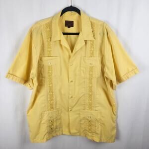 Maximos Yucatan Mexico Guayabera Shirt Yellow 2XL Short Sleeve Cotton Poly Blend